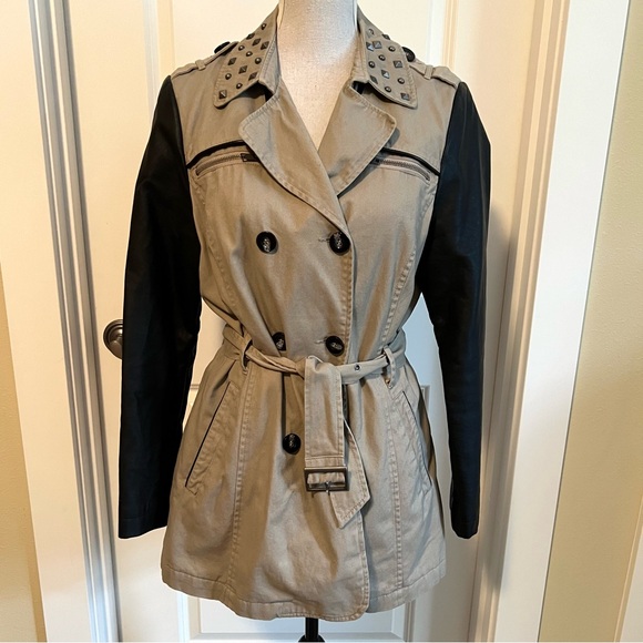 Tan Trench with Edgy Faux Leather sleeves and silver studs - Picture 1 of 4